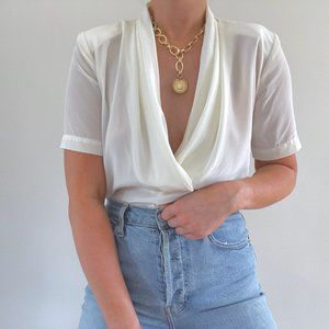 Vintage White Deep V Cowl Neck Short Sleeve Blouse